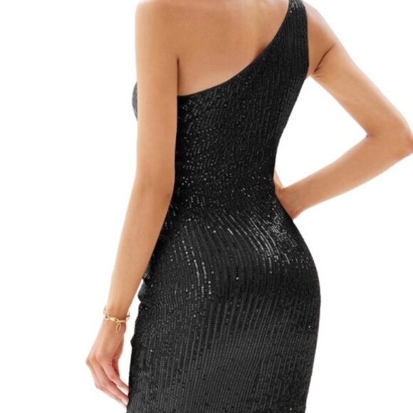 Grace Karin Navy Blue Sequin Dress. Medium. 1-Shoulder. Knee length. Ruched. - Picture 11 of 13